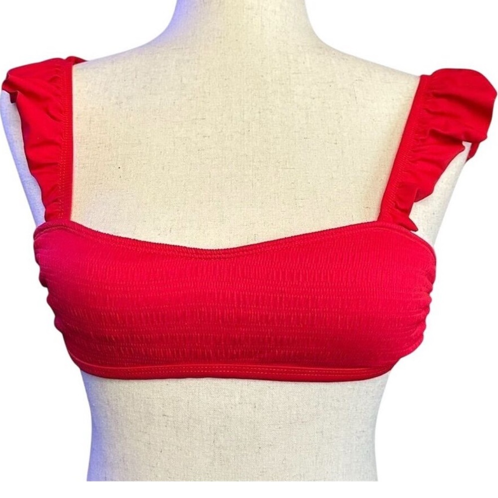 No Boundaries Red Smocked Ruffle Strap bikini top corset lace up tie back